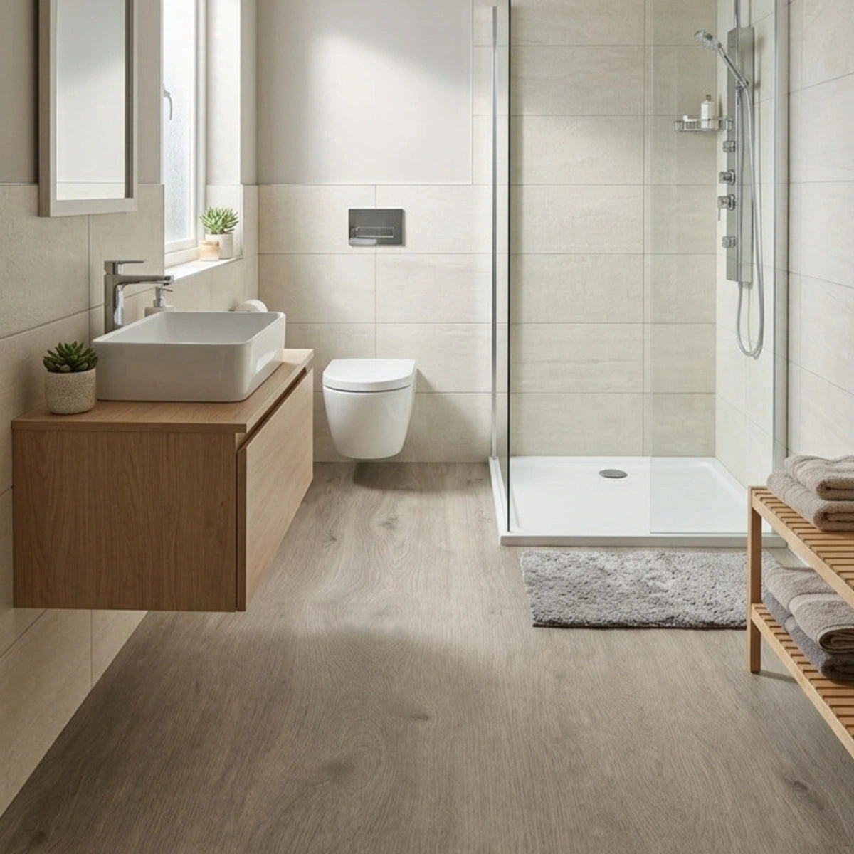 Nordic Oak LVT click flooring installed in modern bathroom, light natural oak wood effect vinyl flooring UK