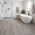 Grey Oak LVT click flooring installed in modern bathroom, grey wood effect vinyl flooring UK