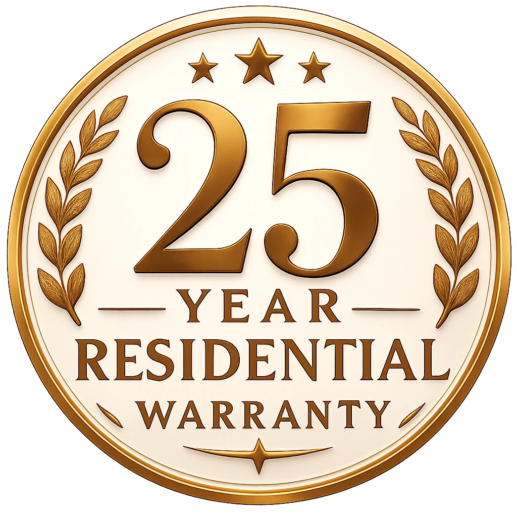 25 year residential warranty badge, Elba Luxe Grey Oak LVT flooring guarantee