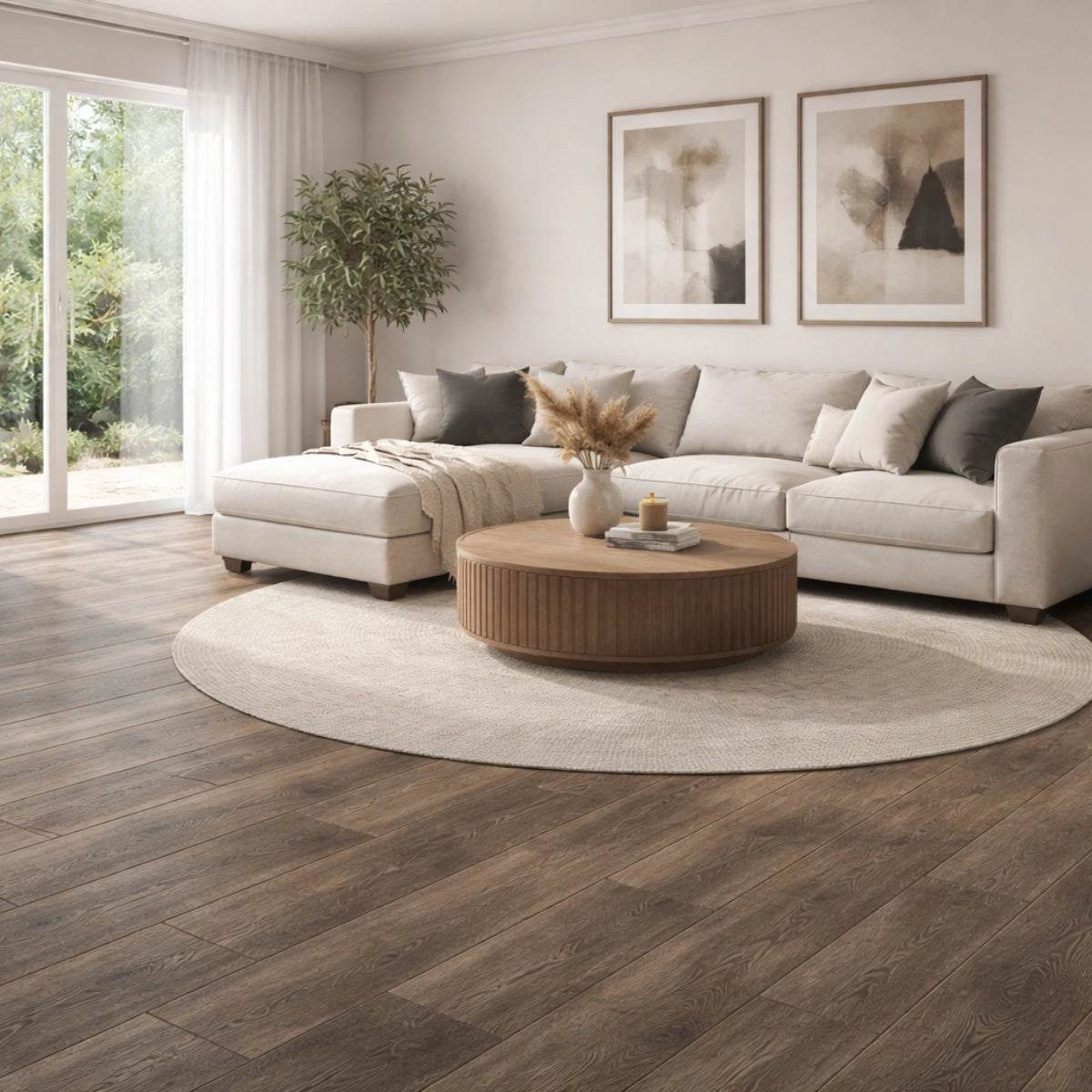 Weathered Oak click LVT flooring installed in modern living room, grey wood effect vinyl flooring UK