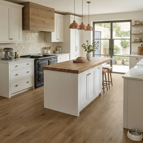 Heritage Oak LVT click flooring installed in modern kitchen, warm oak wood effect vinyl flooring UK