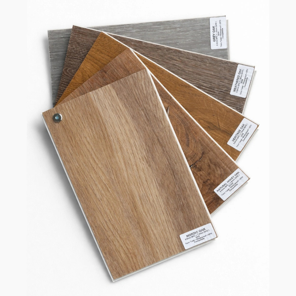 Weathered Oak SPC click flooring planks stacked, 8mm rigid core LVT flooring with IXPE underlay
